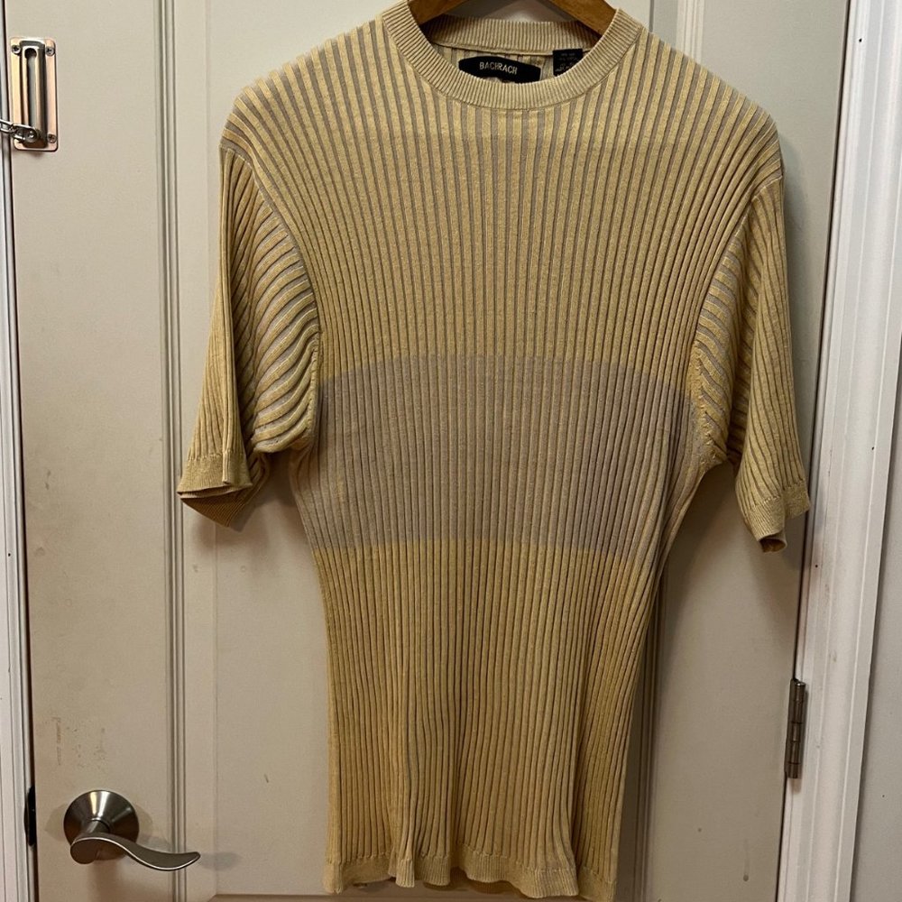 Bachrach Men's XL 70% Silk/30% Cotton s/s Lightweight crewneck knit. Yellow/grey